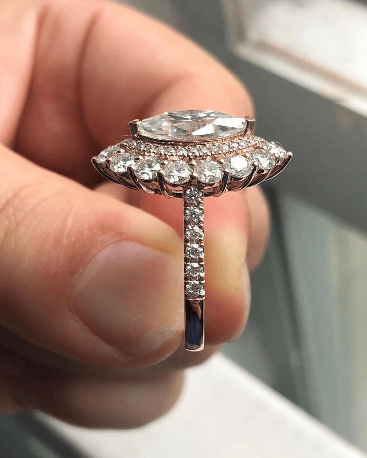 1.25CT Marquise Cut Moissanite Halo Engagement Ring, Half Eternity Wedding Ring