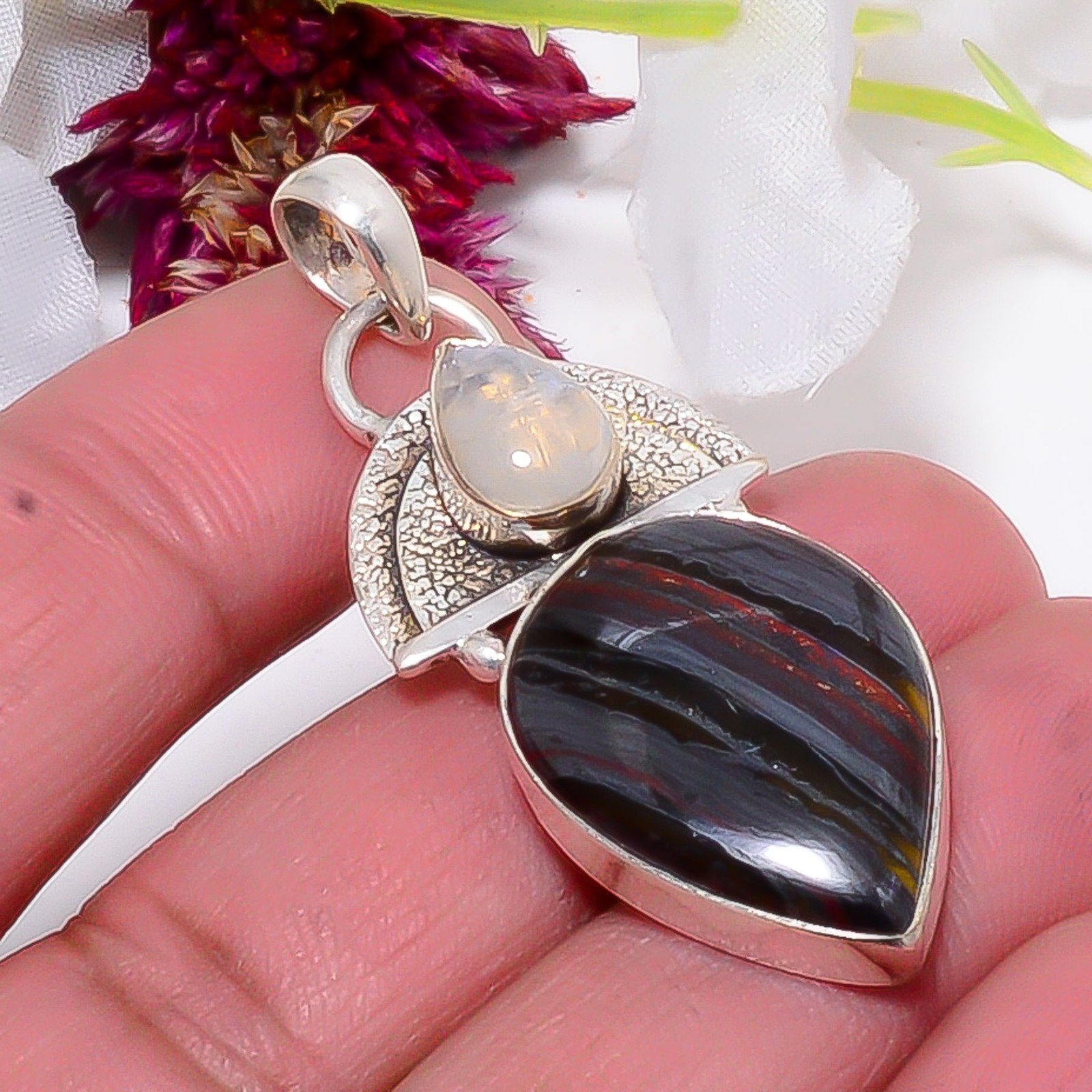 Iron Tiger Eye – South Africa, Rainbow Moonstone 925 Silver Pendant 2.03″ Sku15