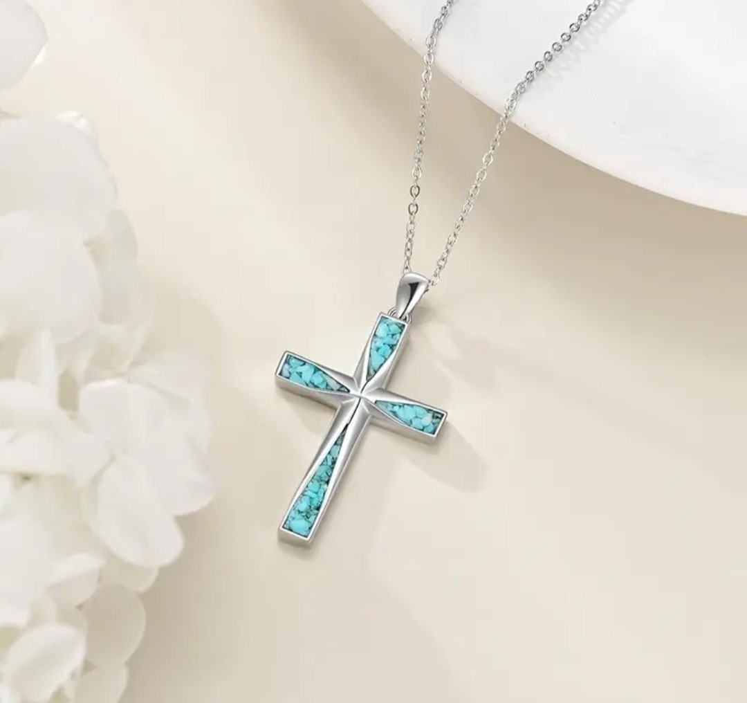 Silver Plated Turquoise Cross Pendant Necklace – Cable Chain, Blue Stone, 17.7in