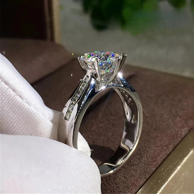 Round Zircon Ring Six Claw Prong Silver Color Wedding Band Women Jewelry