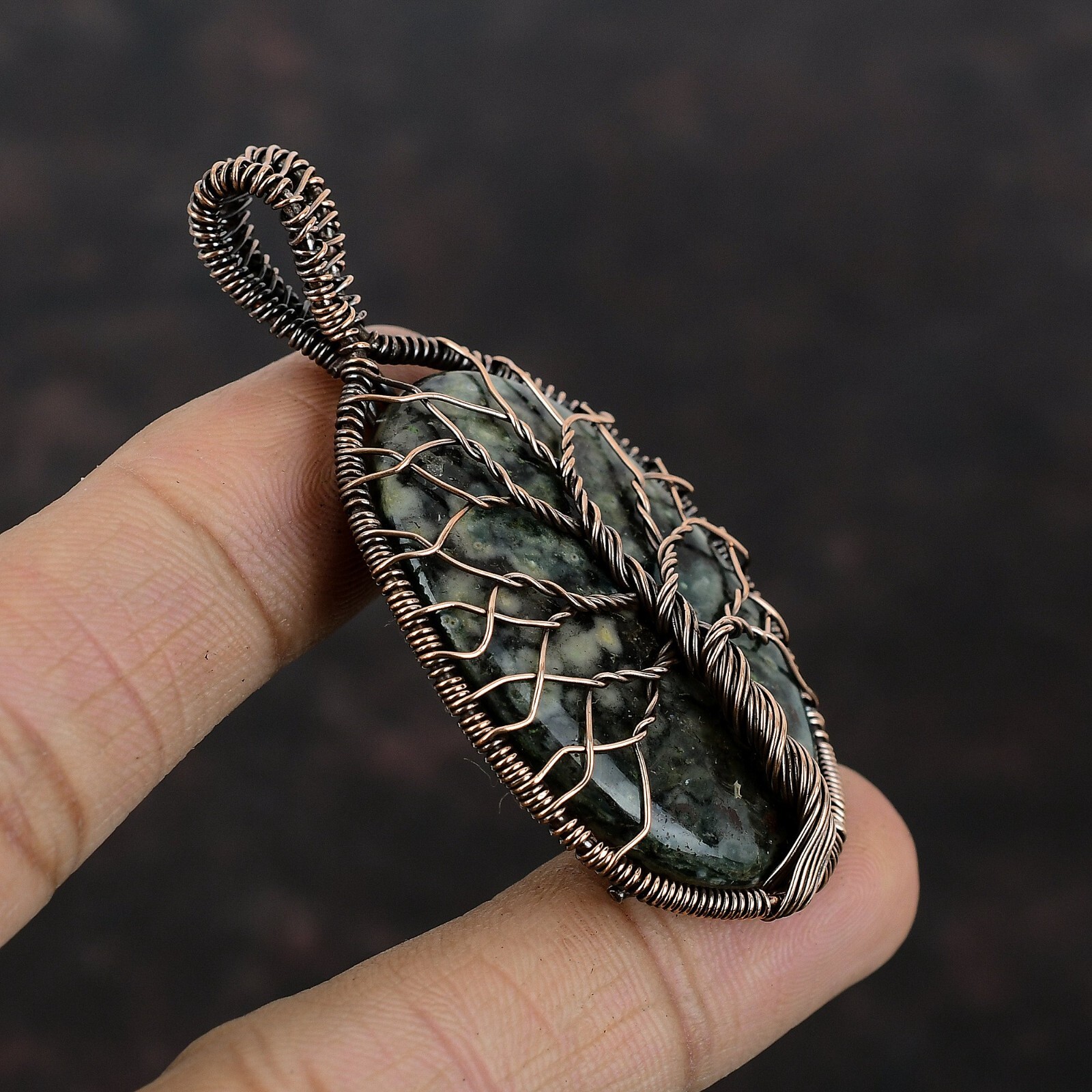 Ocean Jasper Jewelry Copper Gift For Mom Wire Wrapped Tree Of Life Pendant 2.56″