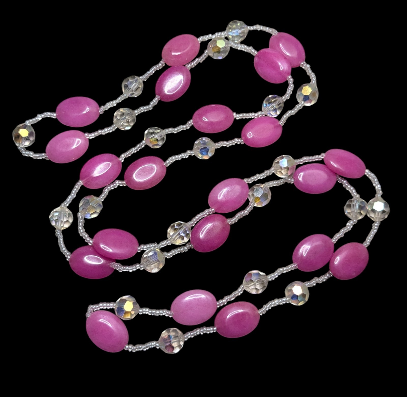 Pink Jade Faceted AB Crystal Czech Glass Seed Bead Long Necklace 42″
