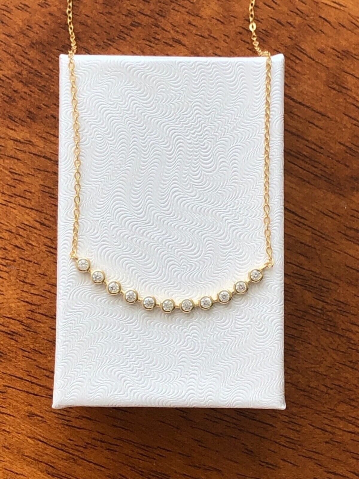 925 Sterling Silver Curved Gold Bar Bezel CZ Pendant Necklace Women 33mm 16.5″