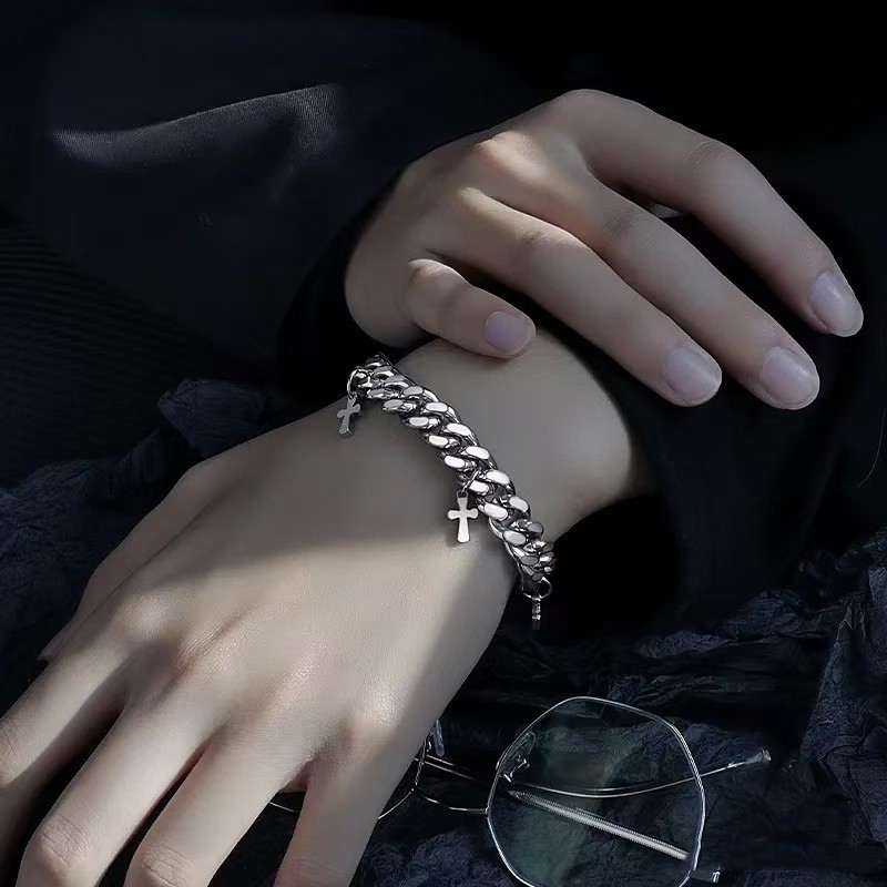 Silver Titanium Steel Alloy Thick Cuban Bracelet Charms Unisex Wrist Jewelry
