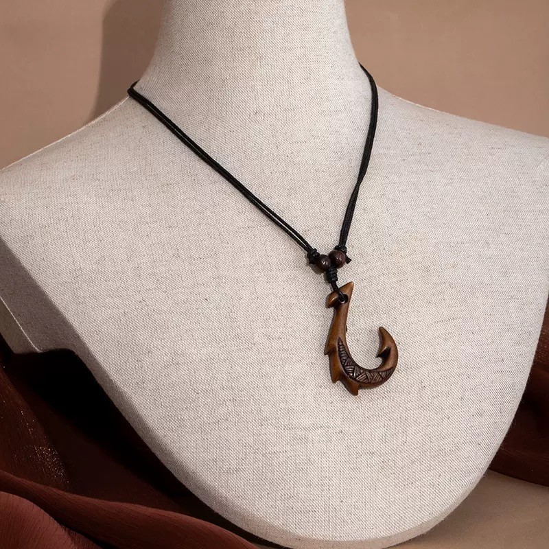 Hawaiian Fish Hook Adjustable Necklace Genuine Buffalo Bone Koa Wood Green Jade