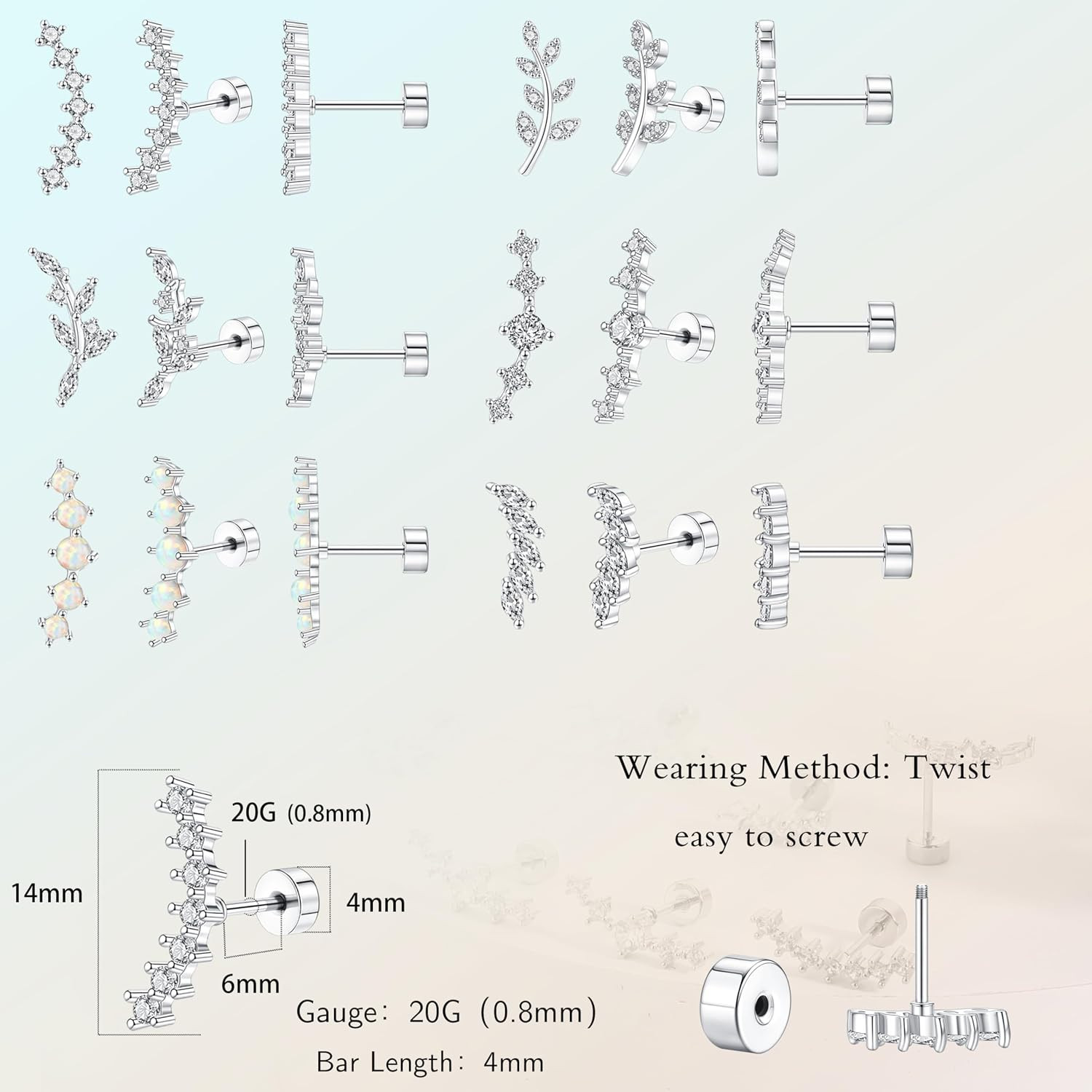 12PCS Cartilage Earrings Helix Piercing for Women Silver Hypoallergenic Surgical