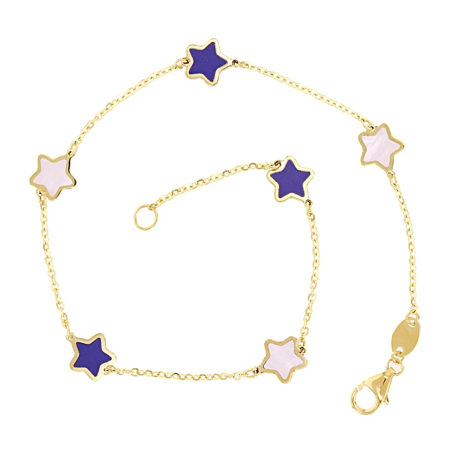 Italian 14k Yellow Gold Mother of Pearl & Lapis STAR Charm Bracelet 7″ 1.5 grams