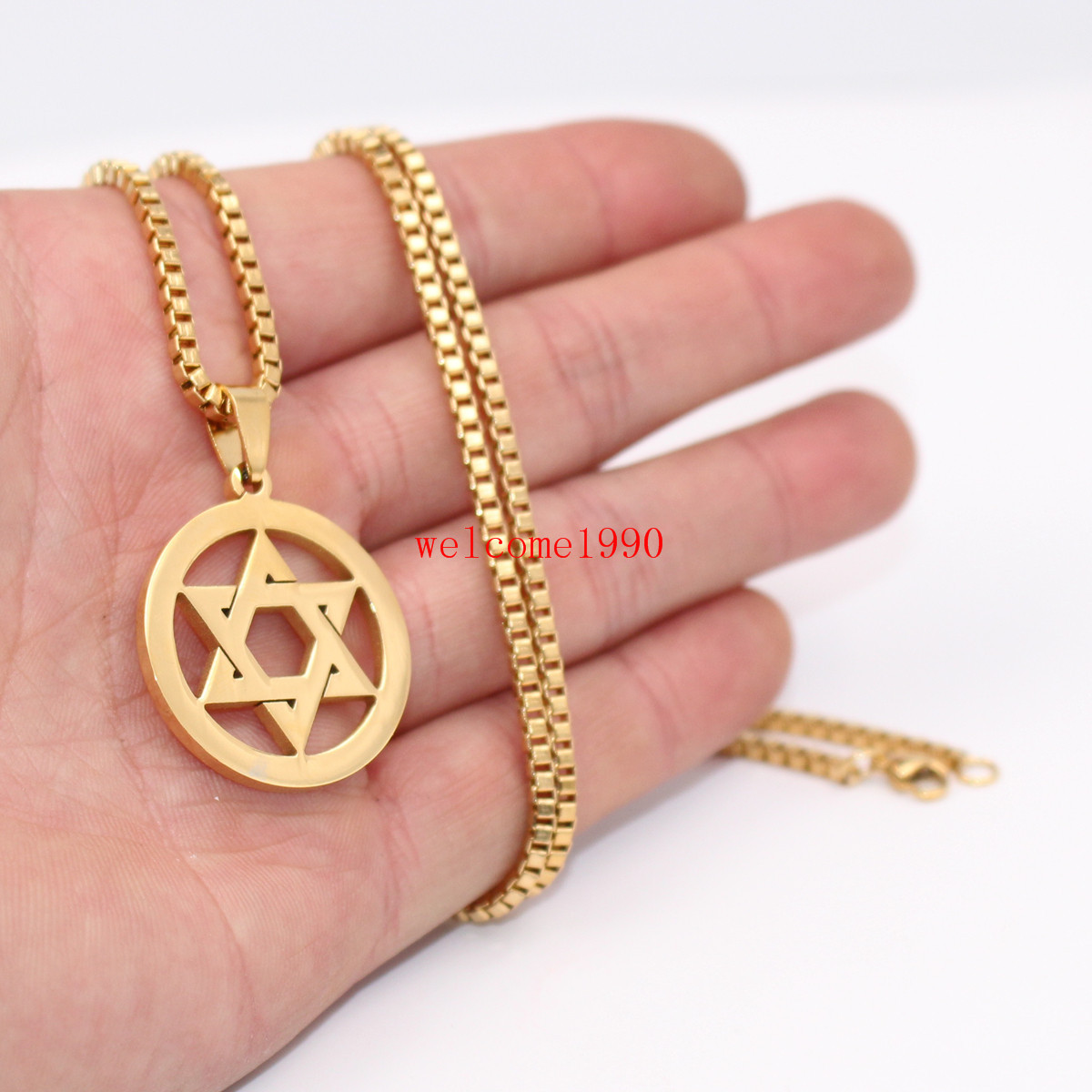 Silver/Gold color Stainless steel star of David Pendant Box Chain Necklace Men