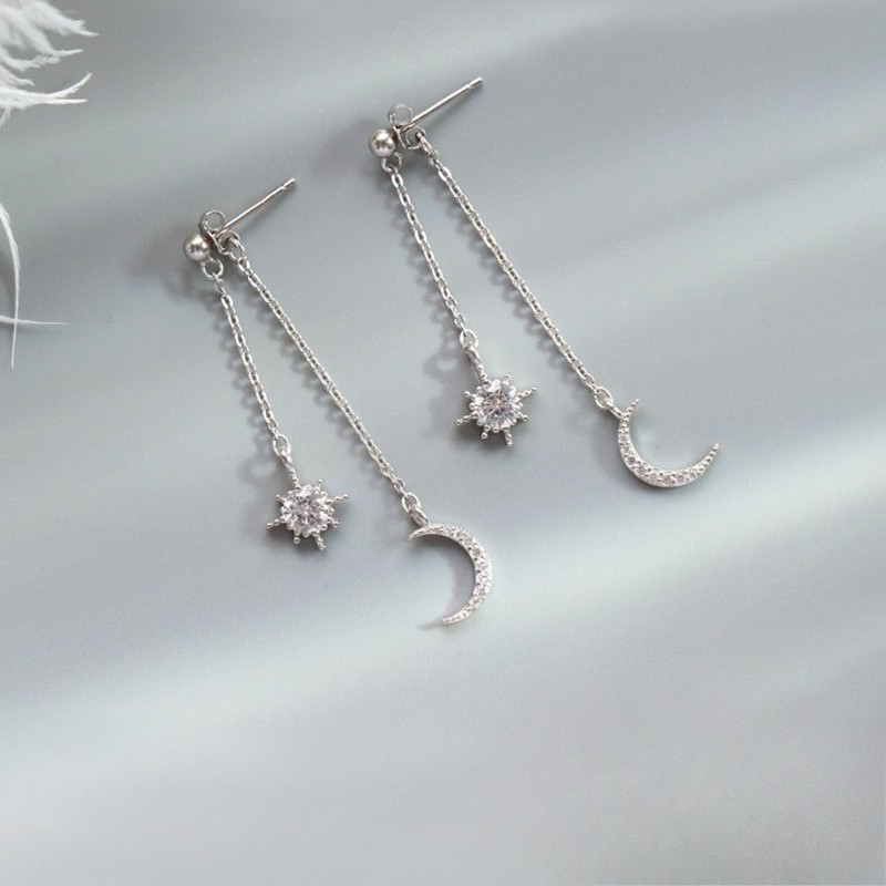 Women’s Long Earrings Fashion Zircon Tassel Star Moon Pendant Ear Studs Alloy