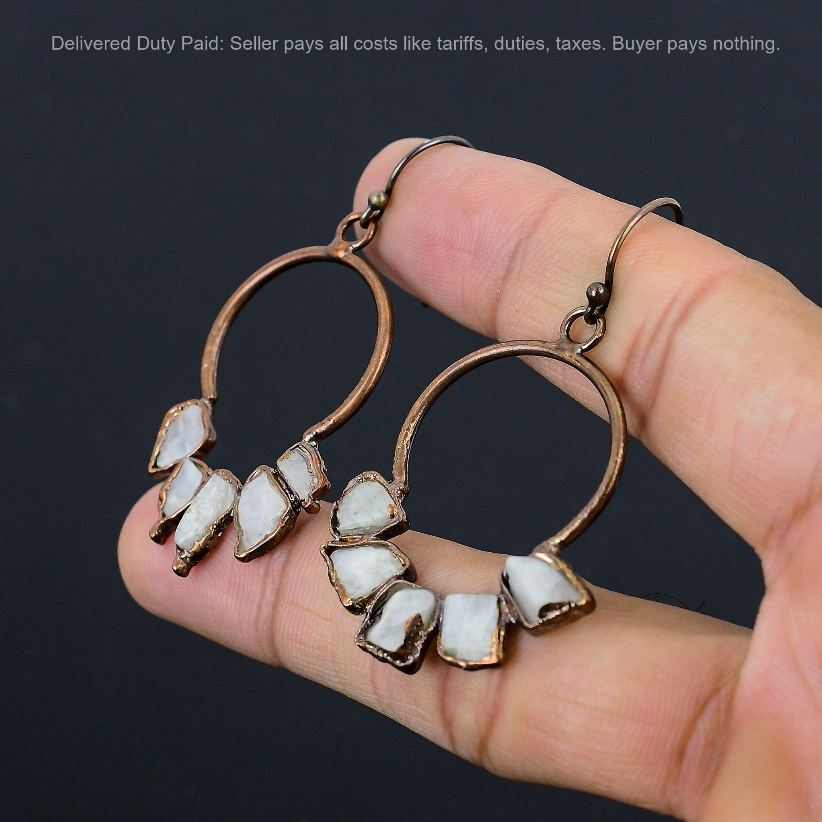 Copper Pentagon Natural Rainbow Moonstone Rough Drop Electroformed Wife Earrings