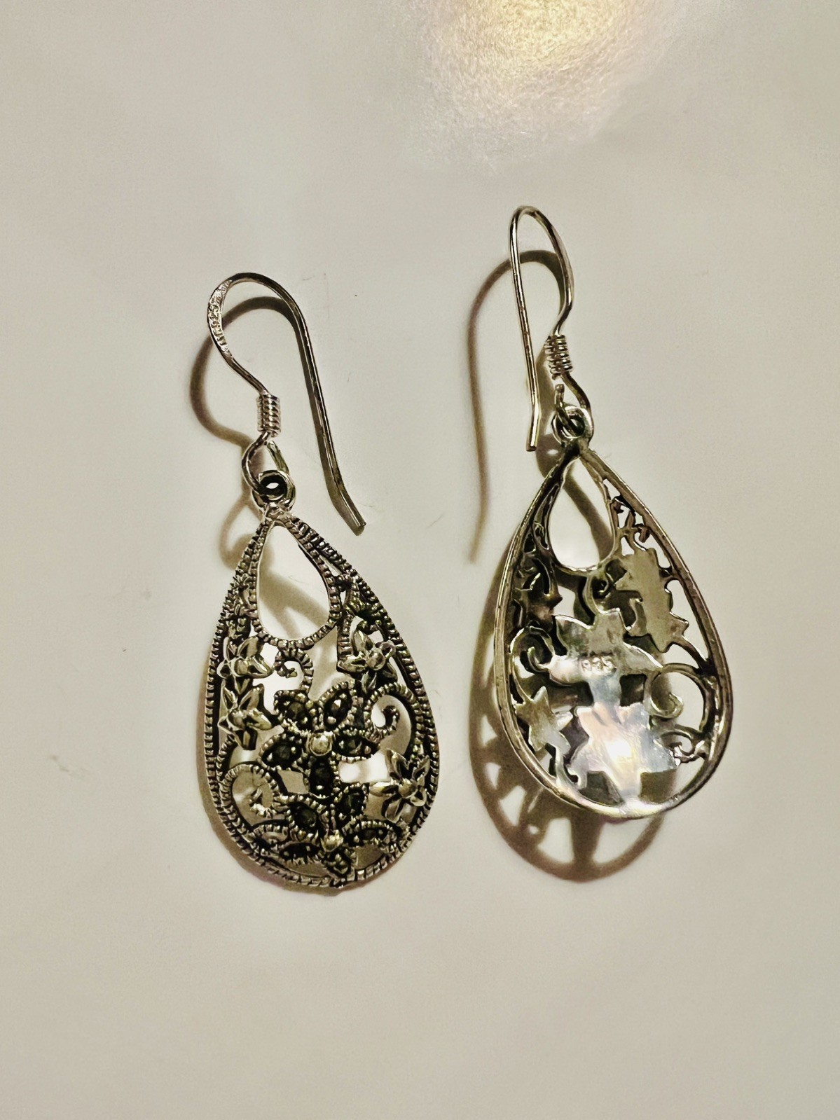 Vintage 925 Sterling Silver Tone Drop With Marcasites Earrings Elegant Gift