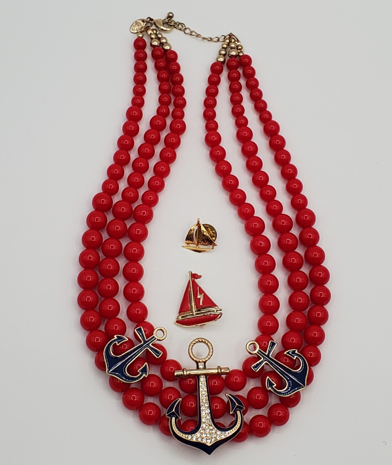 CC Nautical Set Necklace 19in Red Bead Triple Strand Blue Anchor 2 Sailboat Pins