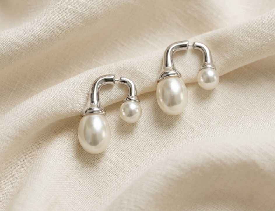 Pearl Earrings Silver Front Back Statement Boho Geometric CZ Modern Contemporary