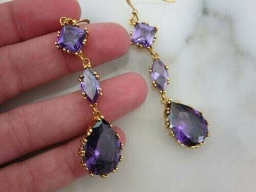 4 Ct Pear Cut Simulated Amethyst Drop/Dangle Earrings In 14K Yellow Gold Plated