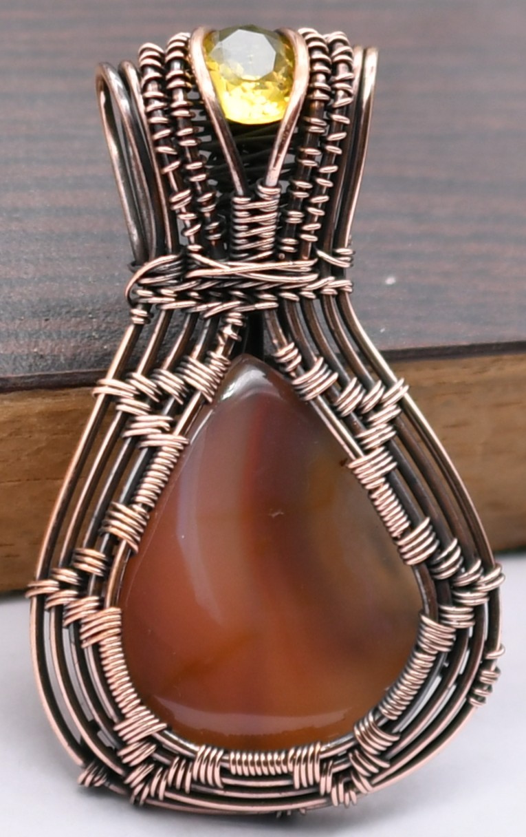 Carnelian Copper Wire-Wrapped Natural Gemstone Pendant 2″ J 319