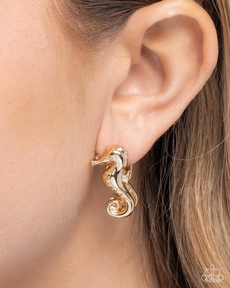 Paparazzi Sea Horse Statement – Gold- Seahorse Hinge Ear Hugger Post Earrings