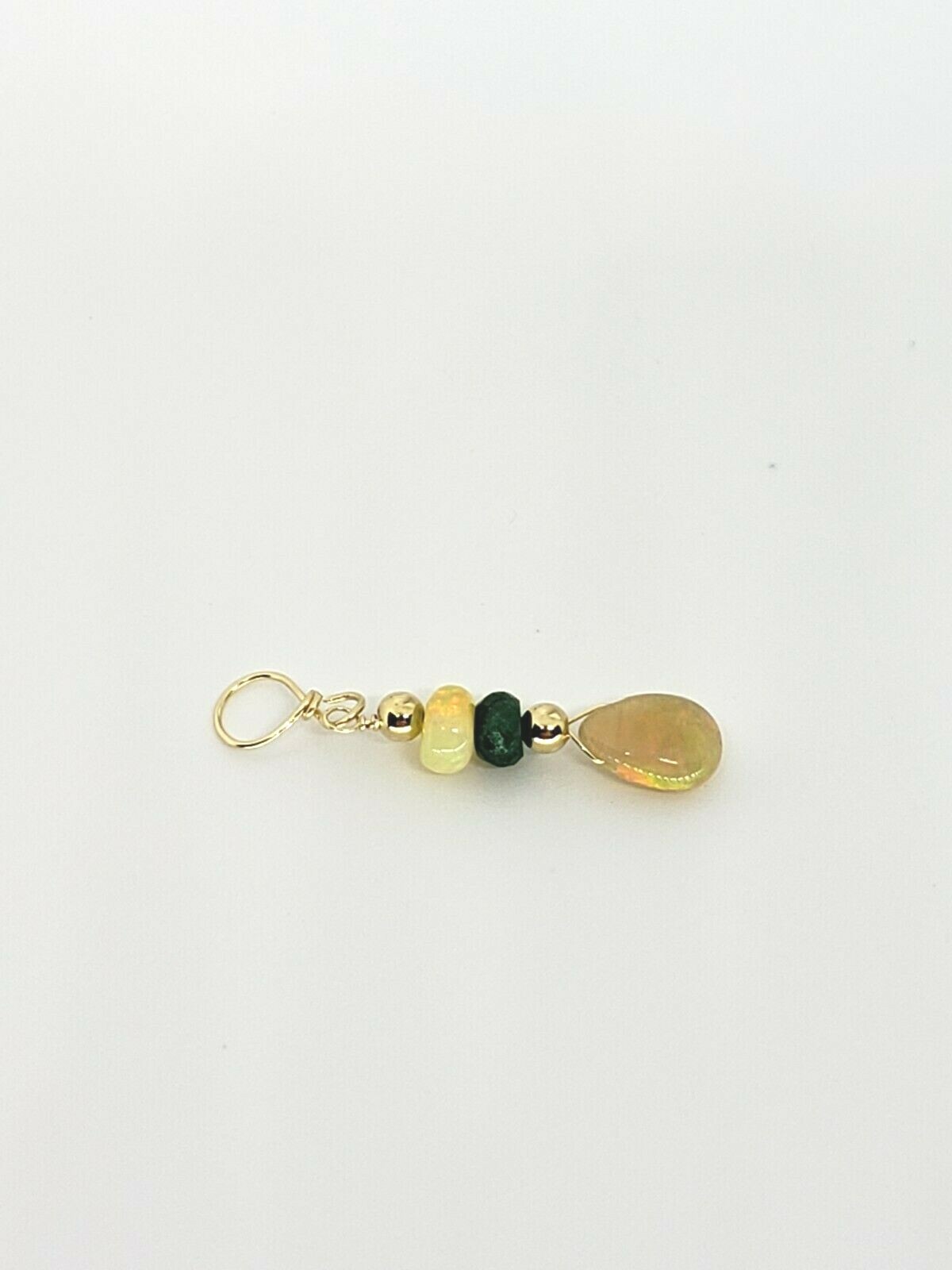 14k Yellow Gold Ethiopian Opal Briolette and Green Sapphire Cluster Drop Pendant