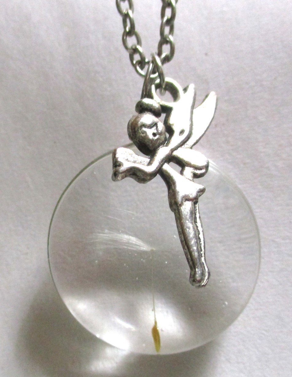 DANDELION WISH PENDANT NECKLACE WITH FAIRY, REAL DANDELION SEED INSIDE GLASS