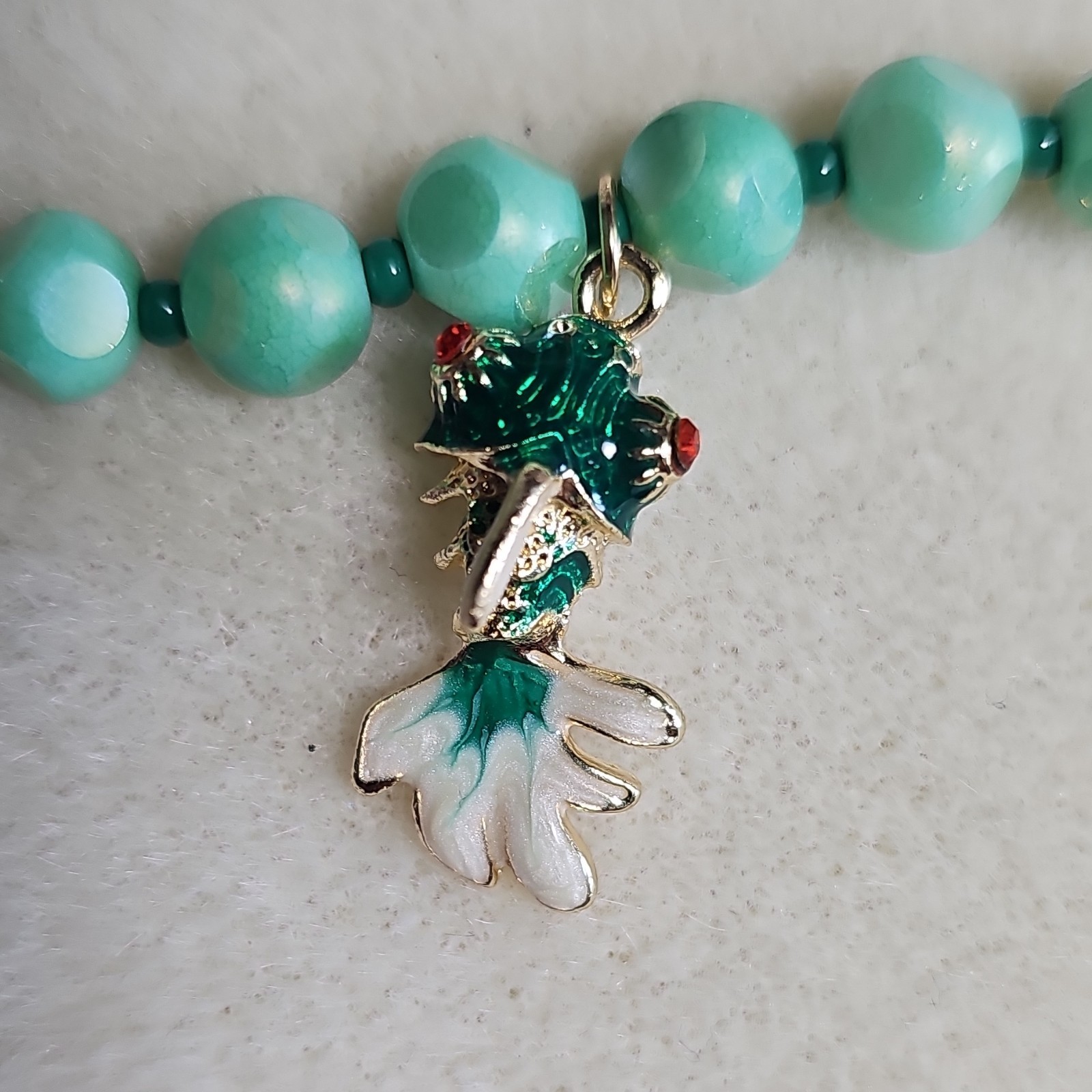 Handcrafted Green Glass Necklace W Enamel Koi Goldfish Charm Lobster Clasp