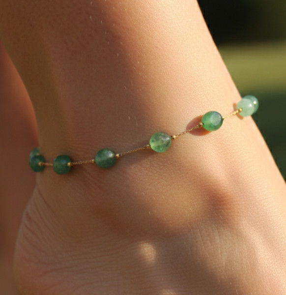 Boho Handmade Gold Color Plated Brass Anklet with Emerald Green Stones