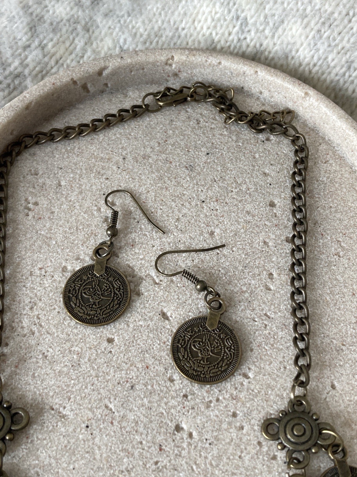 Bronze Tone Coin Necklace & Earrings Set Boho Tribal Statement Festival Charms