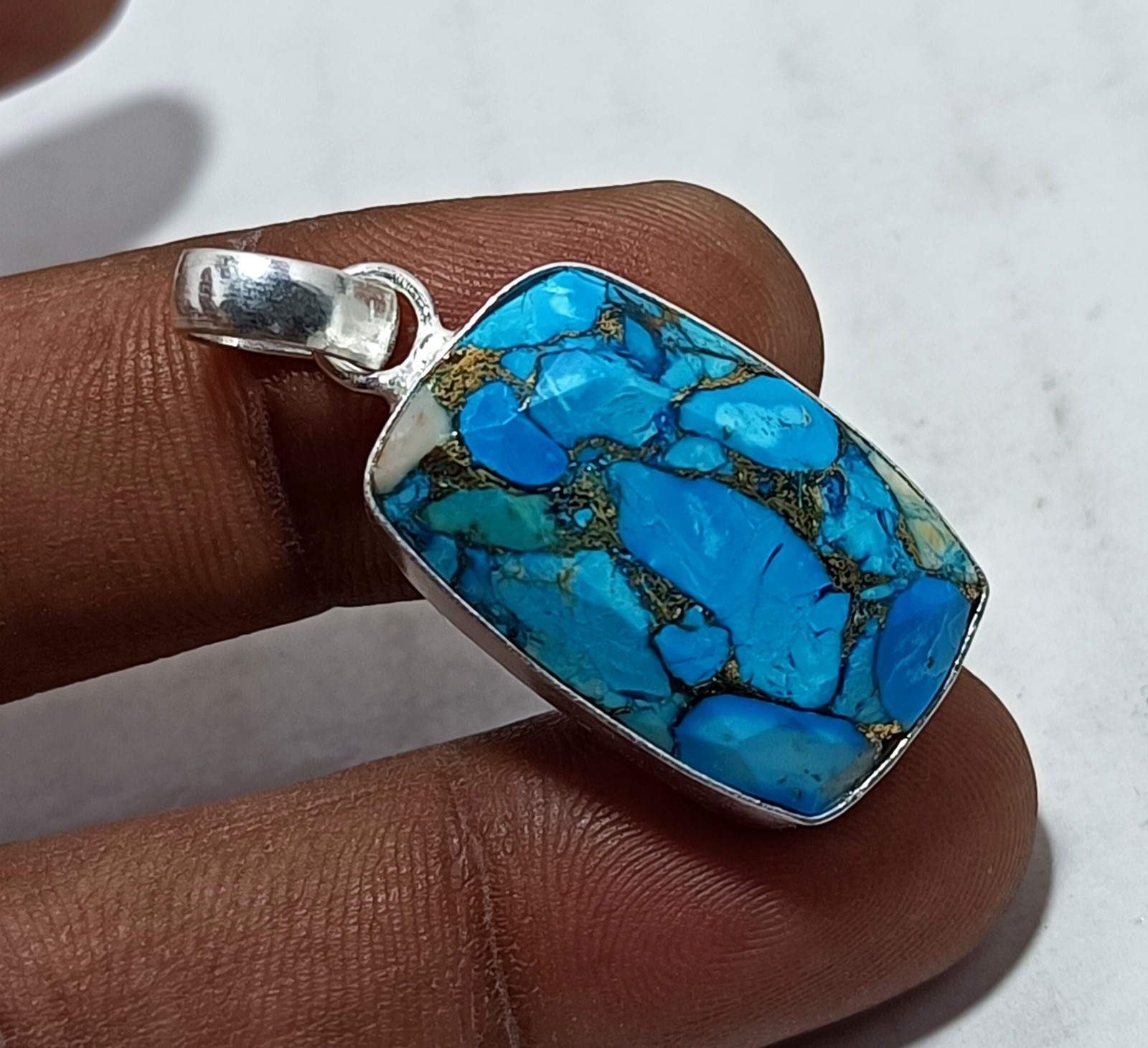 38.45Ct Copper Turquoise Gemstone Sterling Silver Handmade Jewelry Pendant Gift
