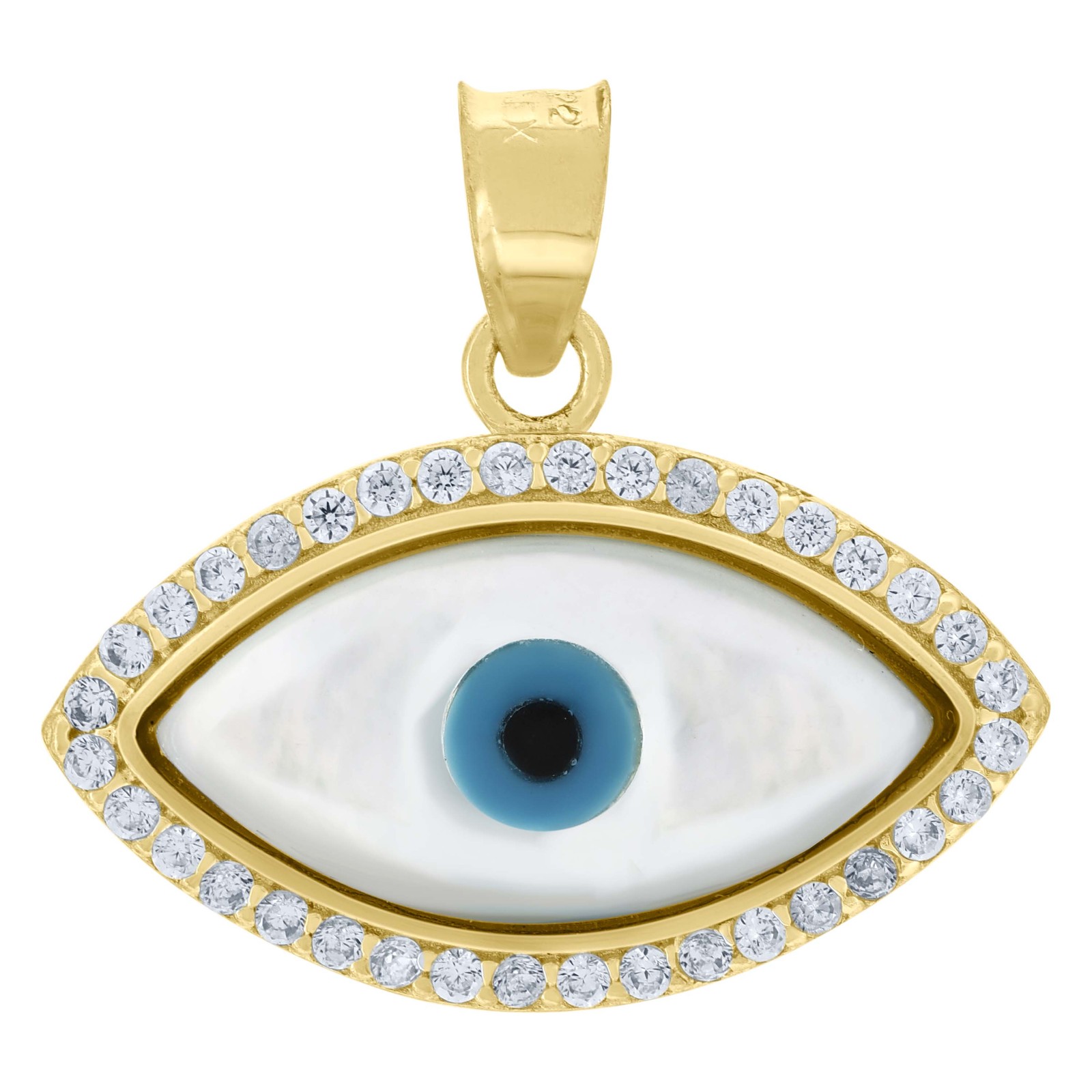 10K Yellow Gold Round CZ Unisex 0.75″ Good Luck Charm Enameled Evil Eye Pendant