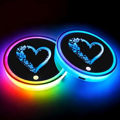LED Cup Holder Lights for Car, 7 Colors Light Up Cup Holder Love Butterfly