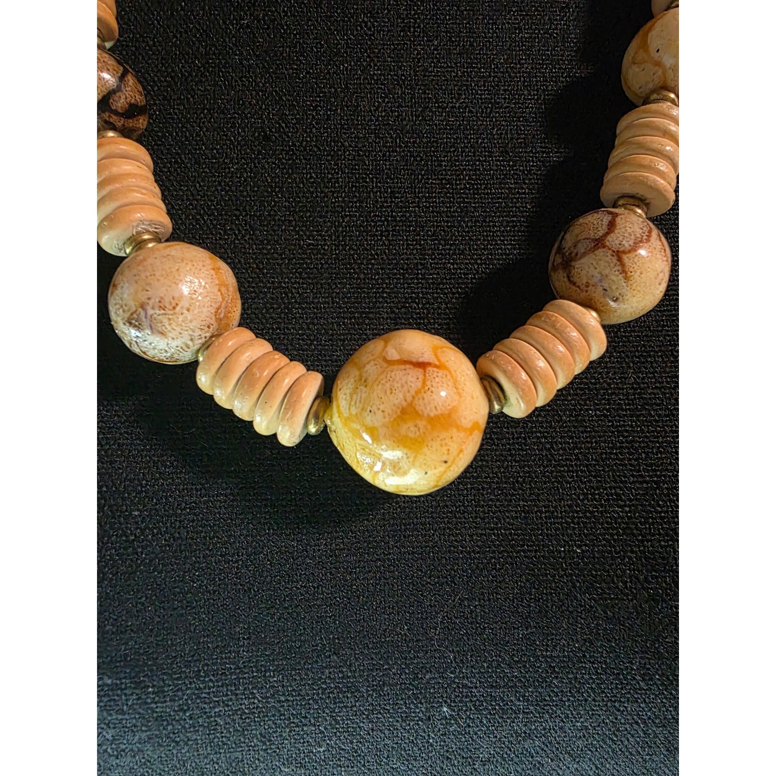 Boho Chunky Picture Jasper Bead Wooden Disc Brass Statement Necklace Bohemian