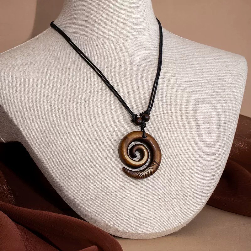 Hawaiian Fish Hook Adjustable Necklace Genuine Buffalo Bone Koa Wood Green Jade