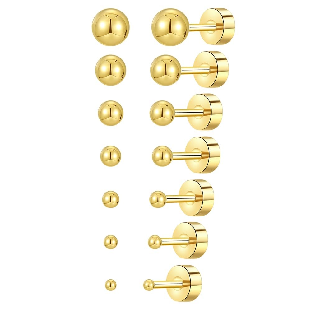 7 2mm 3mm 4mm 5mm 6mm 7mm 8mm, 7 Pairs Gold Plated Ball Stud Earrings Set