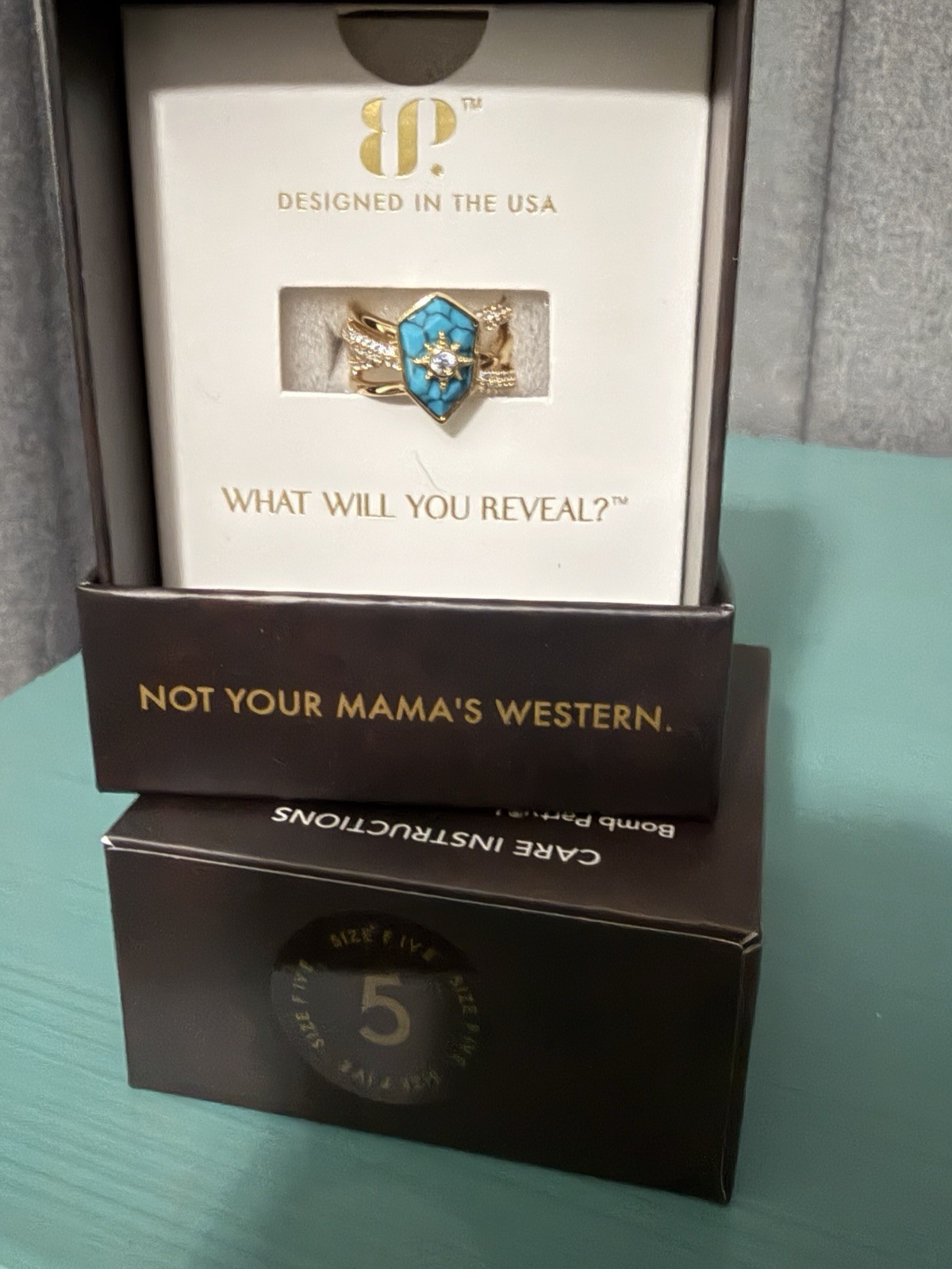 BP Sparkling Saddle Gold Plated Cocktail Ring Sz 5 Turquoise CZ
