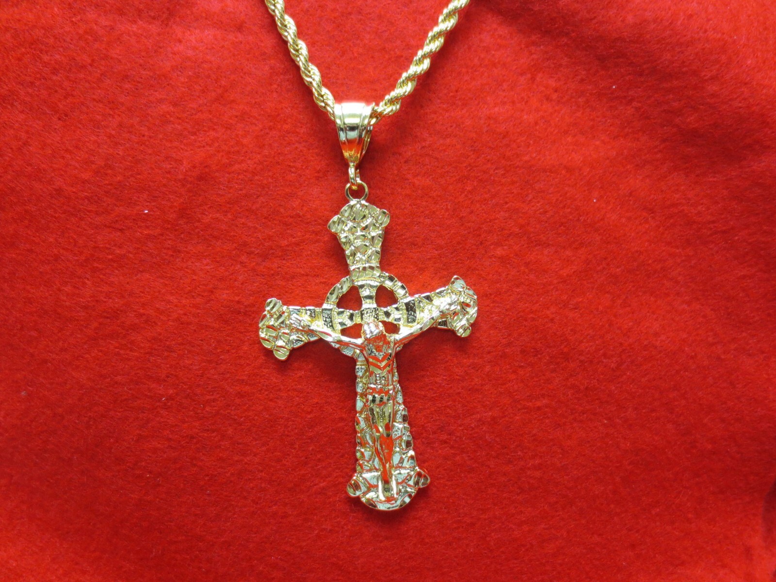 14KT GOLD EP HUGE CRUCIFIX CROSS 4+ INCHES CHARM W/16″-30″ 5MM ROPE CHAIN-9252