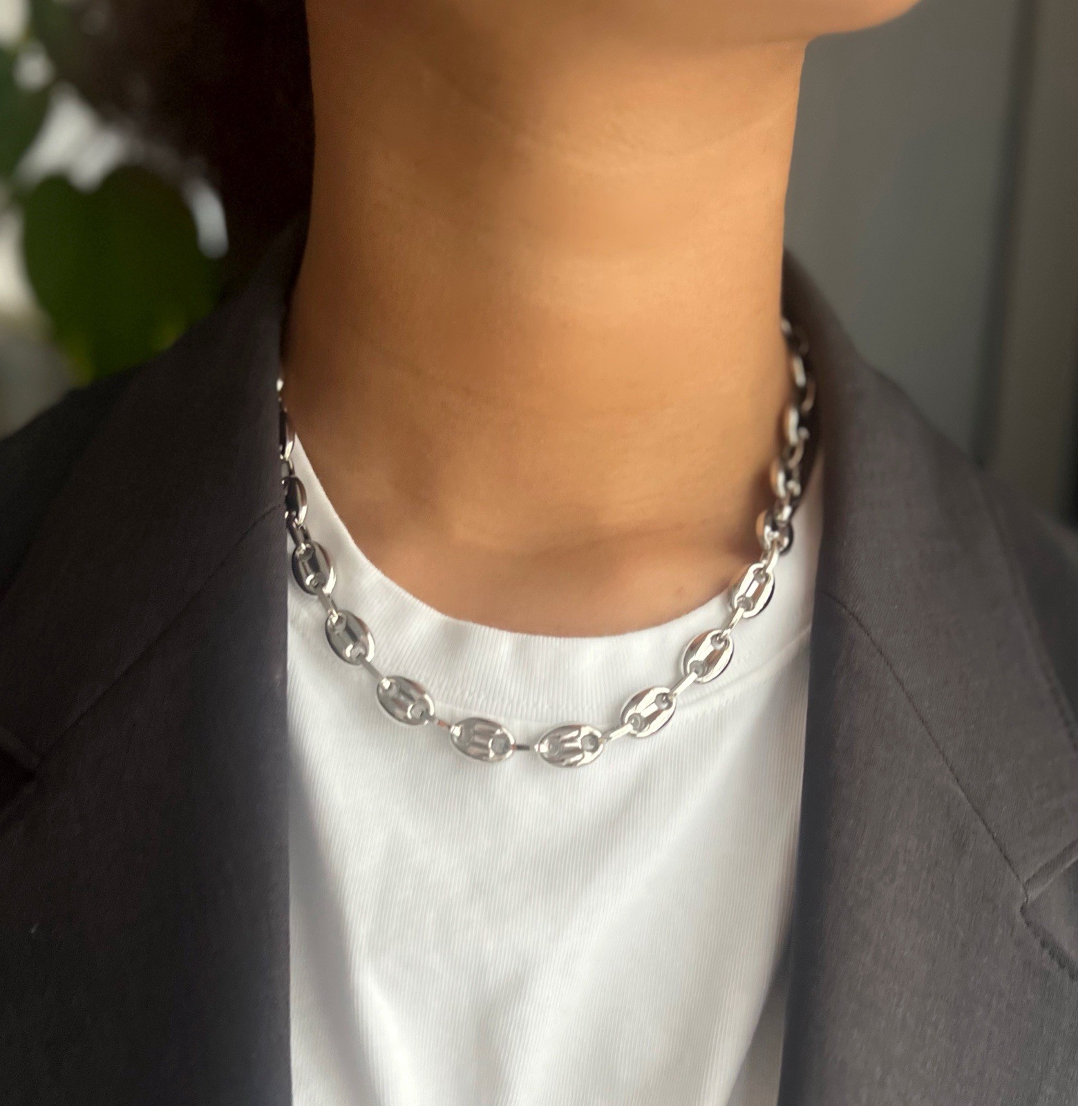 Silver Puffed Mariner Chain Necklace Sailor Chain Choker Mariner Anchor Necklace