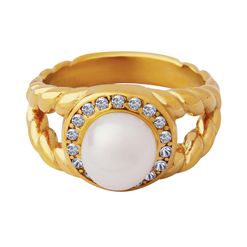 Woman 18k Gold Plated Stainless Steel Freshwater Pearl CZ Band Ring Fashion