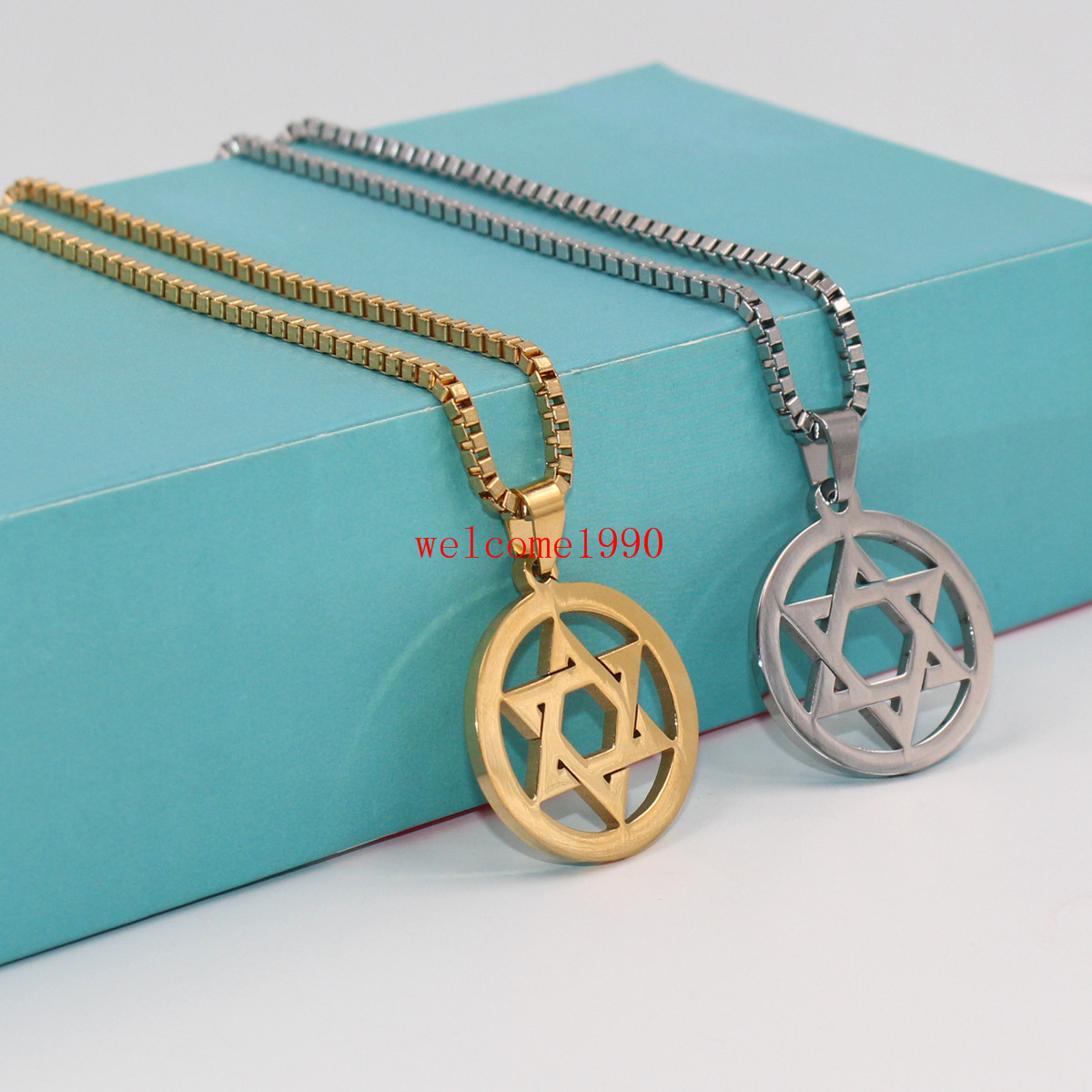 Silver/Gold color Stainless steel star of David Pendant Box Chain Necklace Men