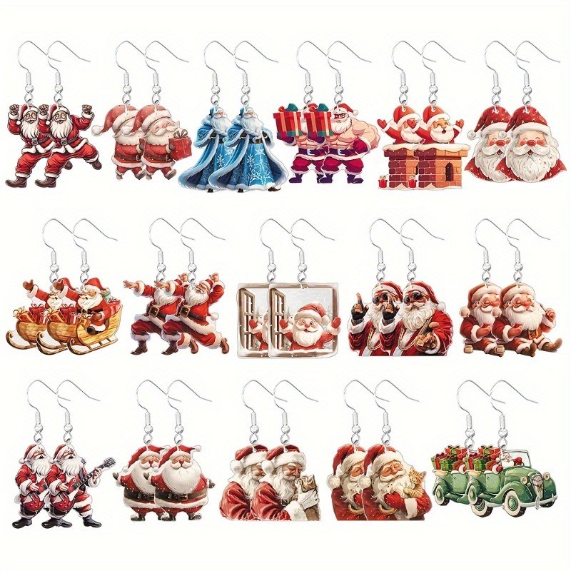 16Pairs Christmas Earrings Set Cute Santa Acrylic Dangle Earrings Holiday Gifts