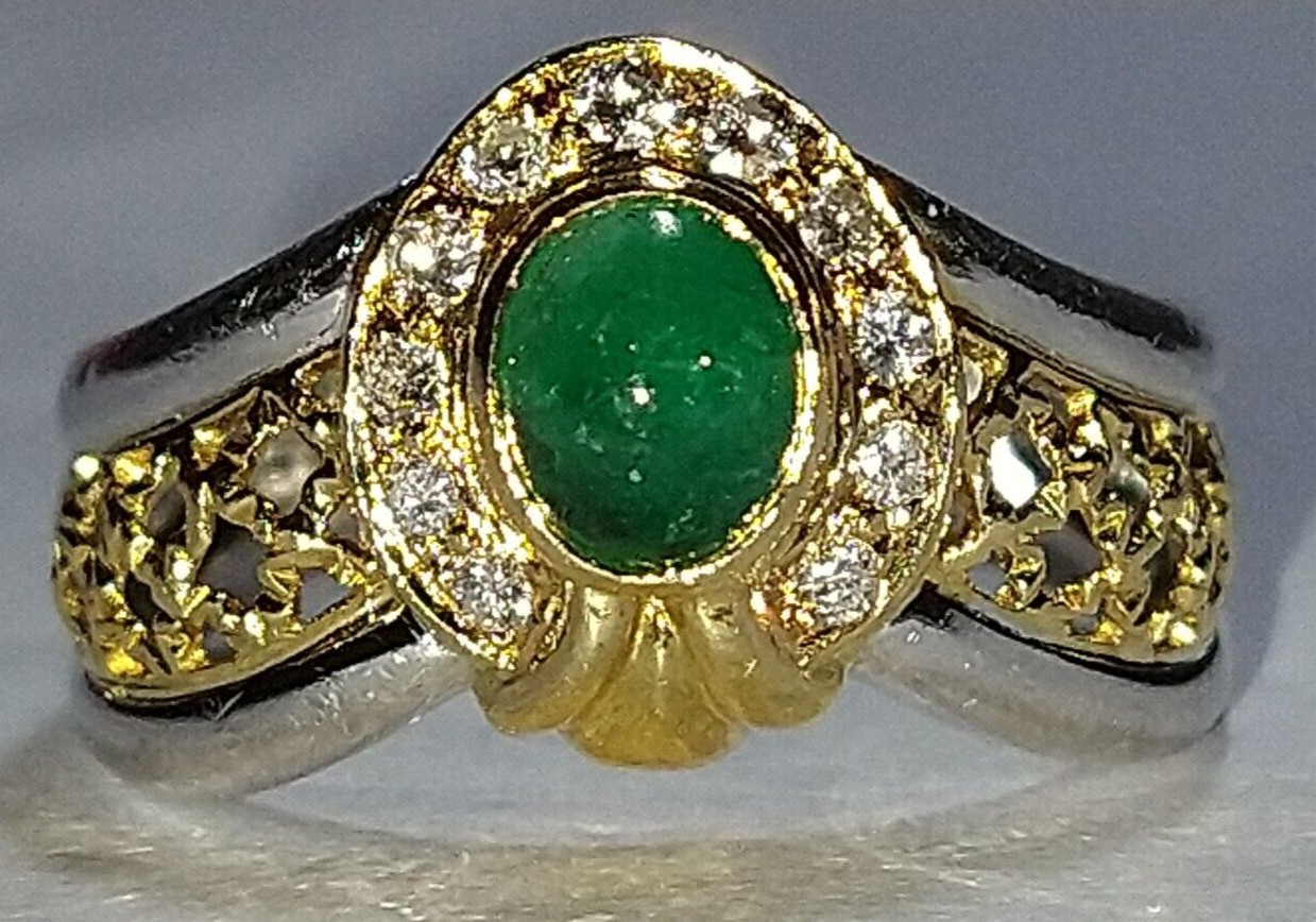 Solid heavy platinum & 18k gold 0.91 carat natural emerald diamond ring 8.76 grm
