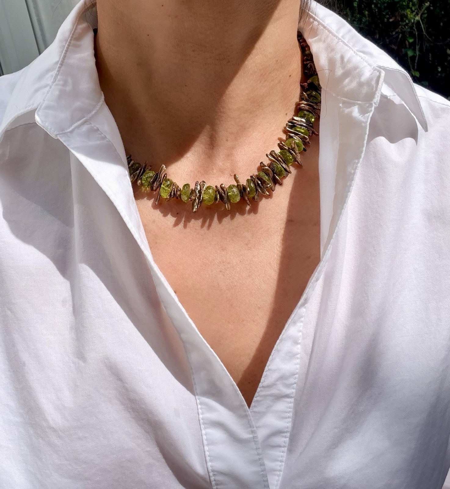 Authentic Faceted Peridot & Brown Pearl branches necklace 17” Pearl Clasp 925