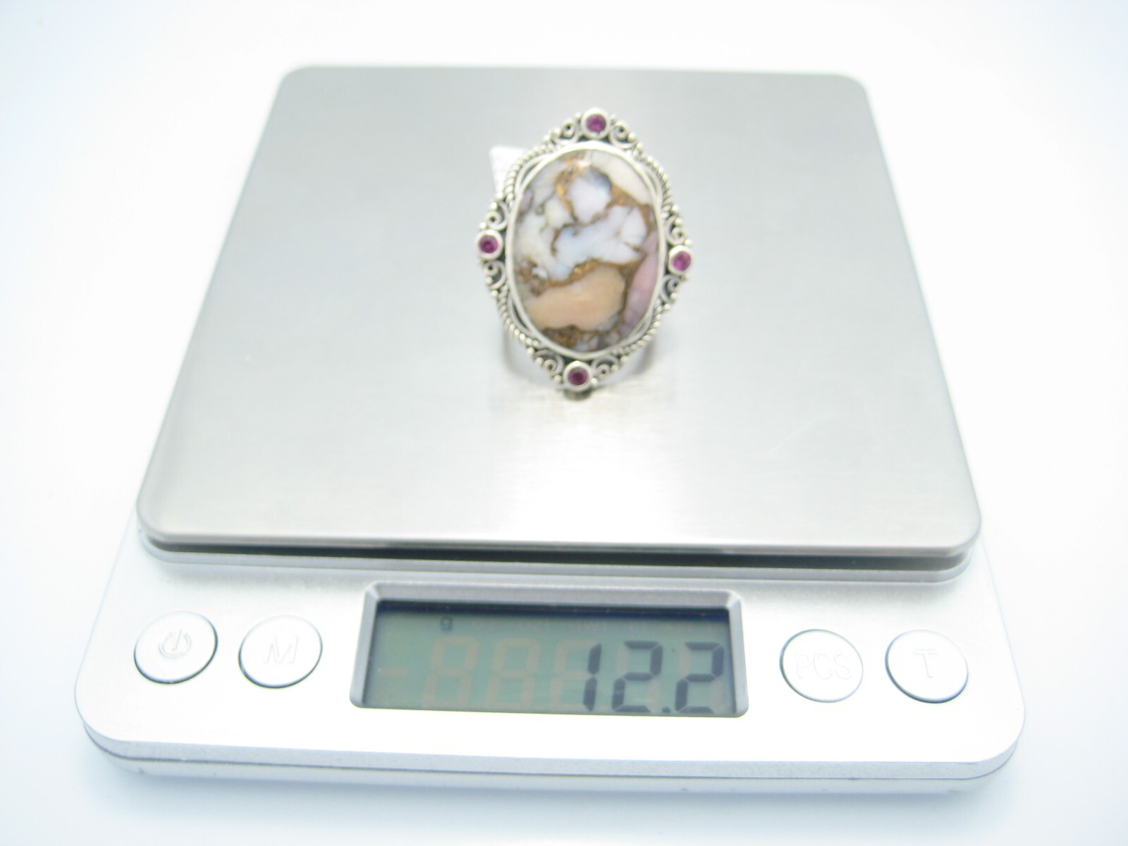 Samuel B Benham Sterling Silver 34mm Oval Pink Topaz Agate Ring Size 8.5