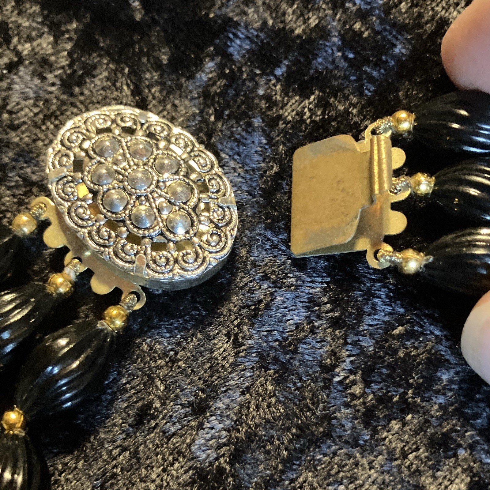 Vintage Multi-Strand Black Iridescent Beaded Necklace Gold Tone Beads Box Clasp