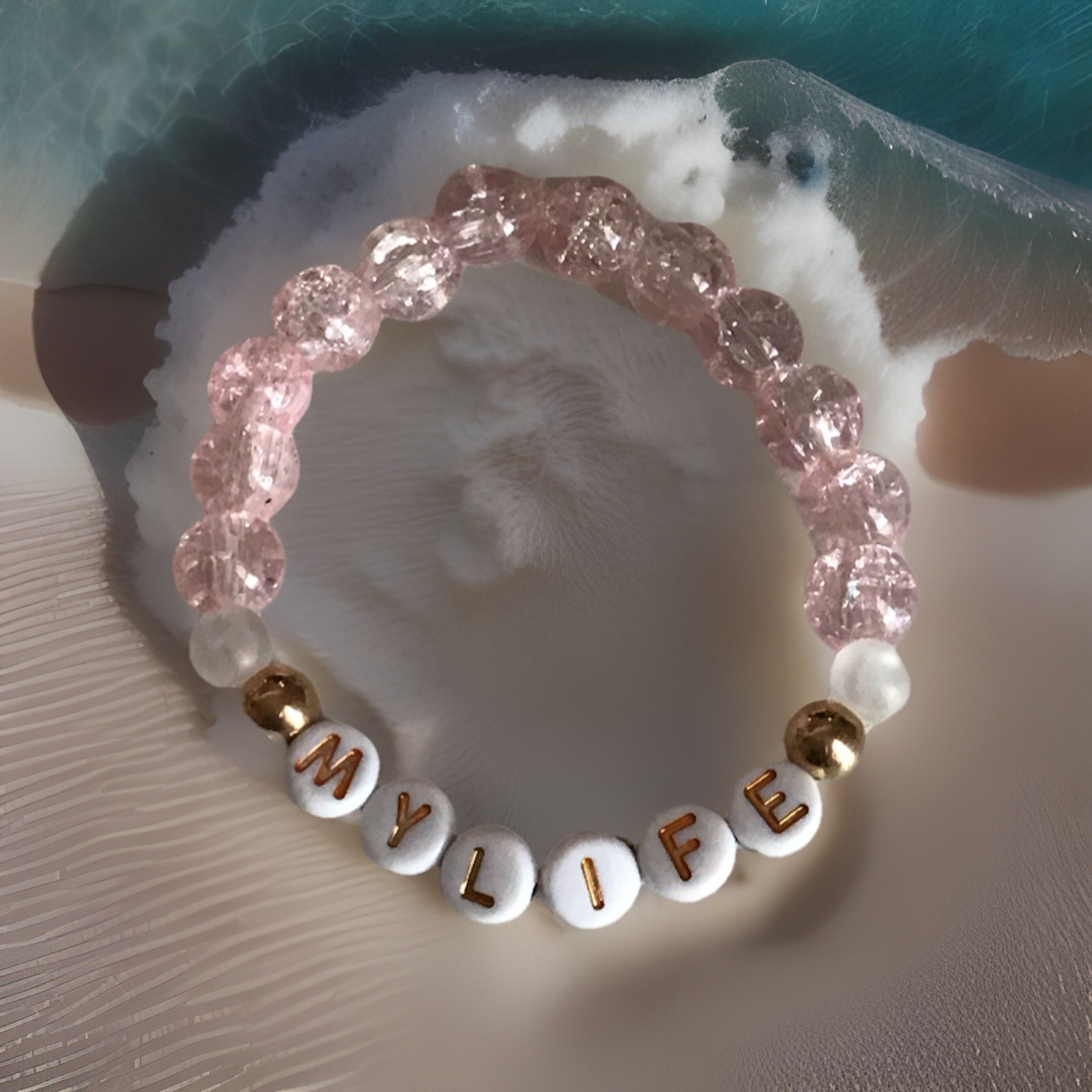 Pink Beaded Stretch Slip-On Bracelet “MY LIFE” White Letter & Gold Beads