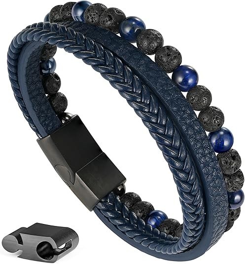 Pulseras de cuentas de cuero para hombre, piedra de lava de ojo de tigre natural