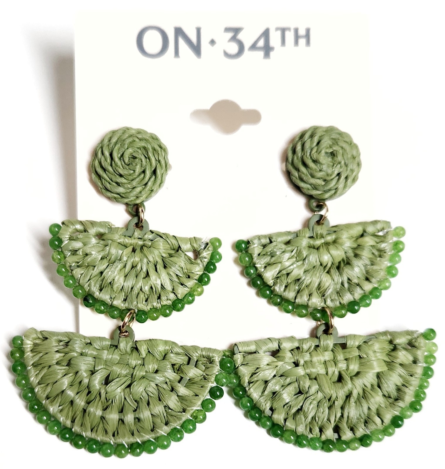 On 34th Woven Raffia and Seed Bead Dangle Drop Earrings Green Multi-Color New