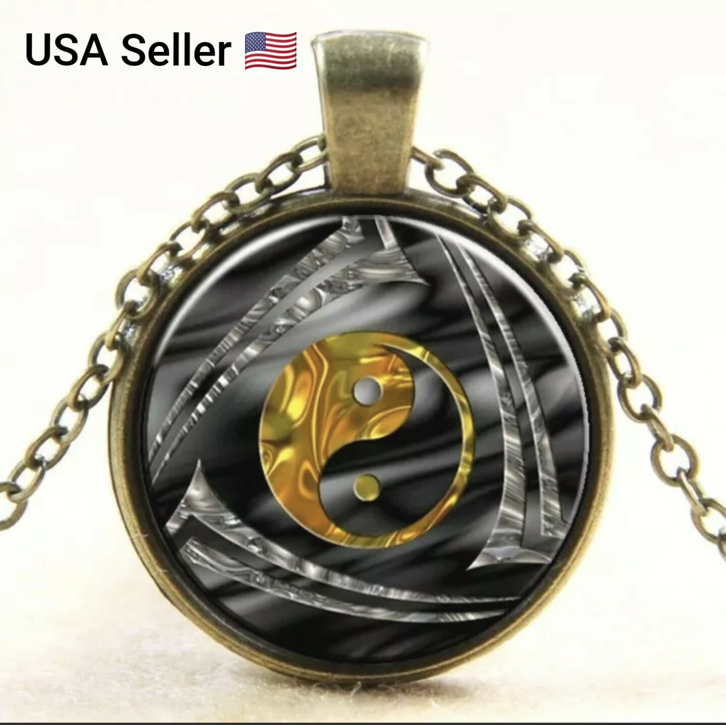 Gold Yin Yang Tai Chi Pendant Necklace Antique Bronze Chain Glass Cabochon Neck