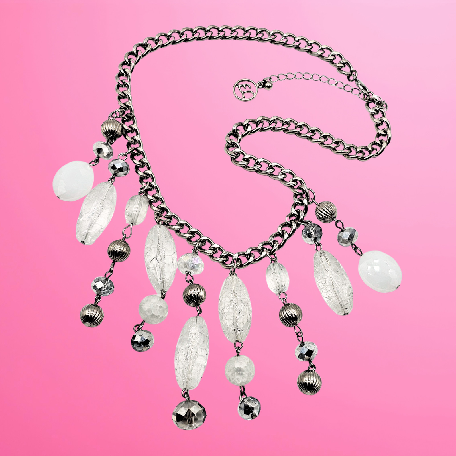 Statement Silver Chain Necklace with Lucite & Acrylic Charm Drops