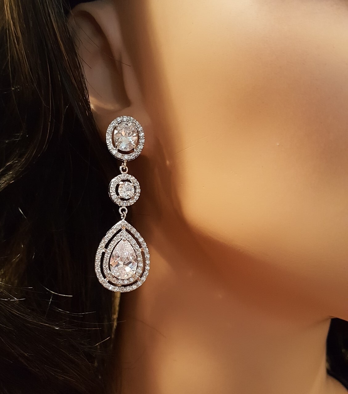 Bridal Wedding, Prom Silver Plated Cubic Zirconia Chandelier Earrings NWOT