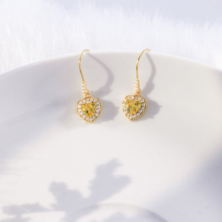 925 Sterling Silver Yellow & Clear CZ Heart-Shaped Dangle Drop Earrings gift F1