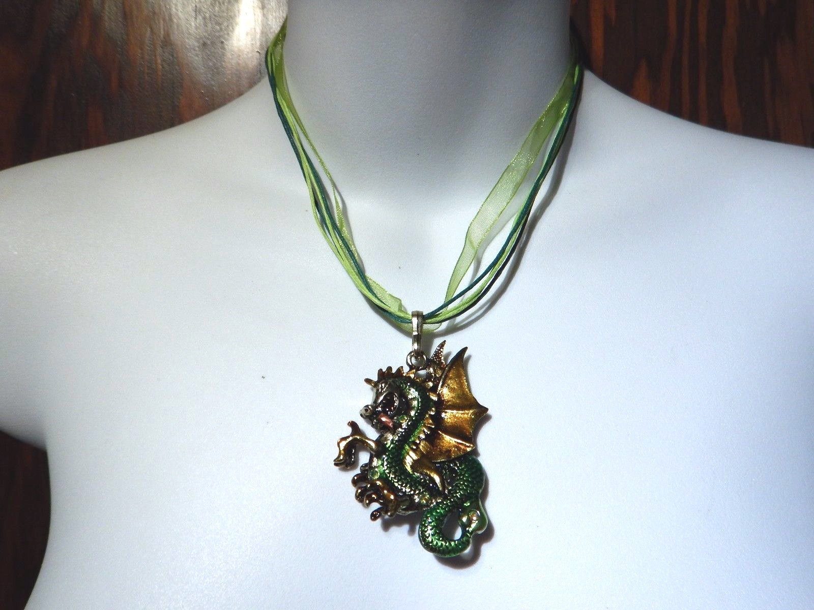 GREEN ENAMEL DRAGON NECKLACE medieval wyvern ribbon pendant renaissance M3