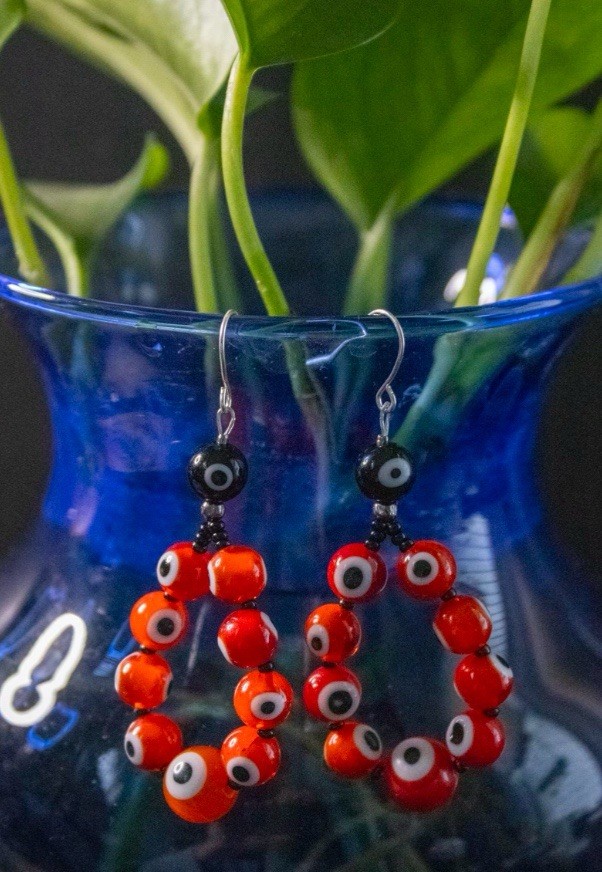 Red Evil Eye Hoop Dangle Earrings